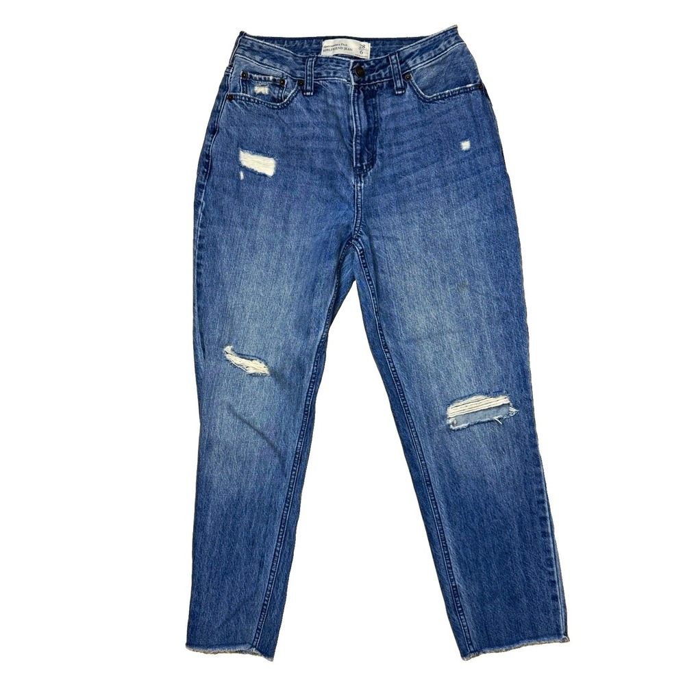 Abercrombie & Fitch Women's Girlfriend Straight Jeans Blue Distressed 28